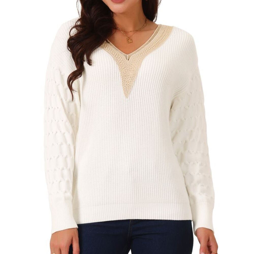 Long Sleeve Lace V Neck Knit Winter Drop Shoulder Pullover Sweater Tops White